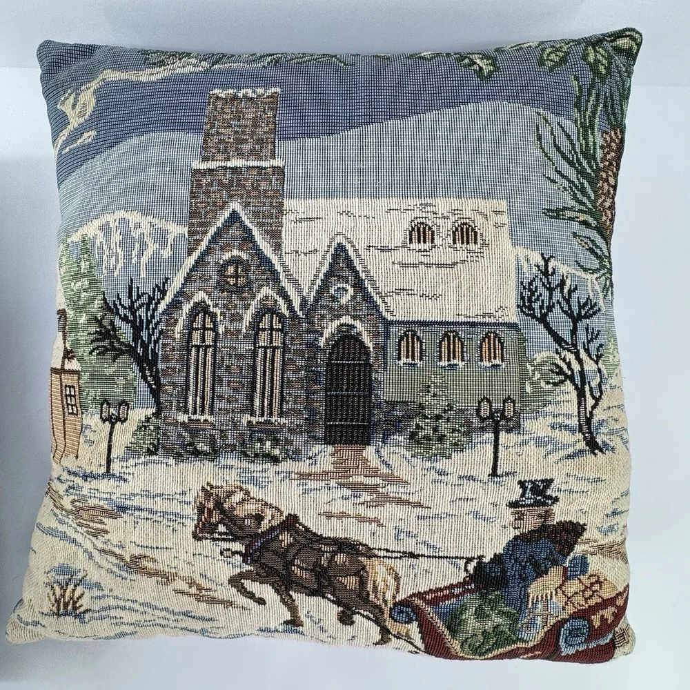 Christmas Tapestry Throw Pillow Snowman Winter Scene House Church Woven Holiday‎